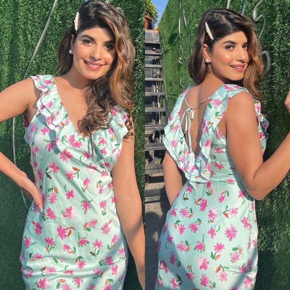 Zara Style 2157 / 046 Mint Green Pink Floral Ruffle Satin Slit Midi Dress Small - Picture 6 of 16